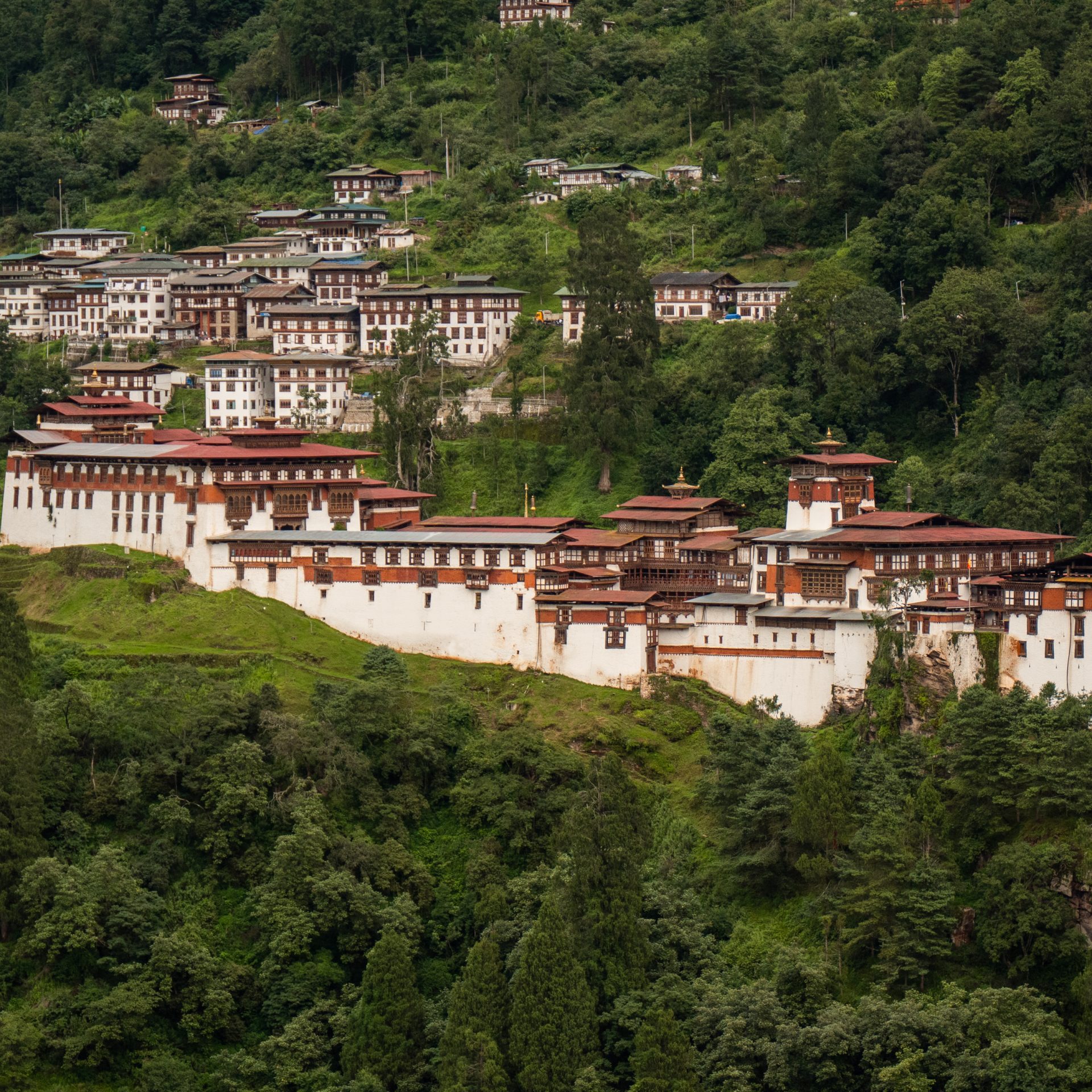 Trongsa Dzong stretched along its forested spur
