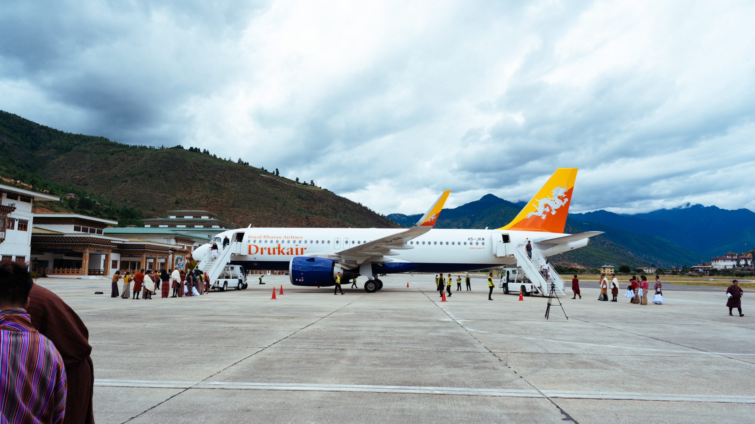 A Drukair airliner on the apron at Paro International Airport