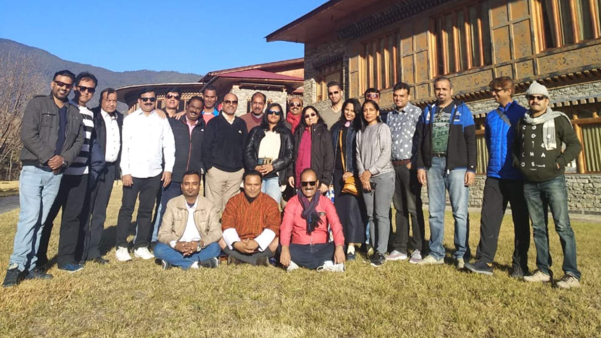 A tour group outside their lodge in Bhutan