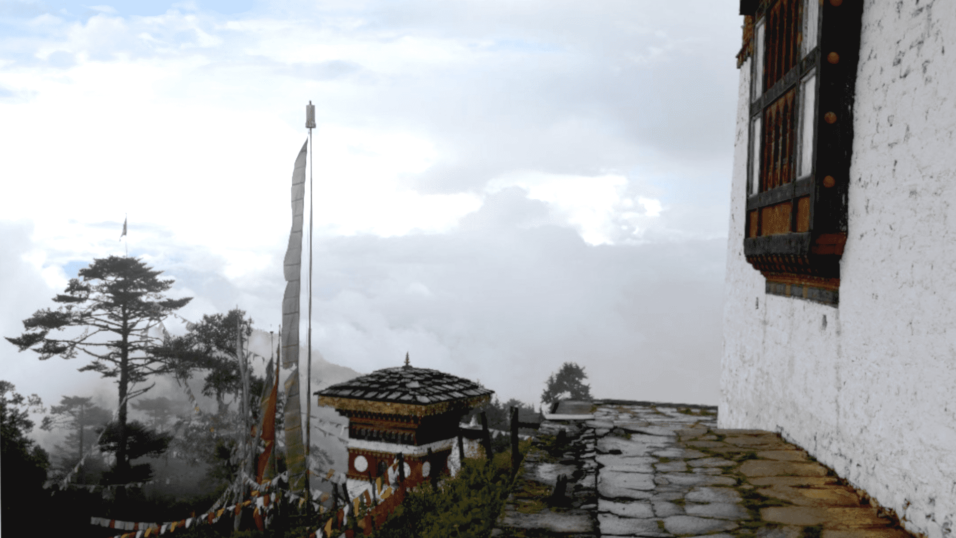 The flagstone path up to Trashigang Goemba, in cloud
